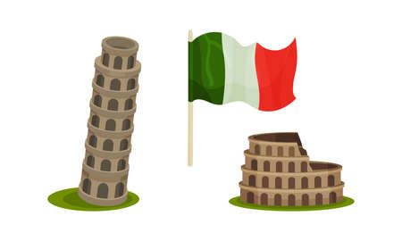 Italy Country Symbols with Tower of Pisa and Coliseum Landmark Vector Setのイラスト素材
