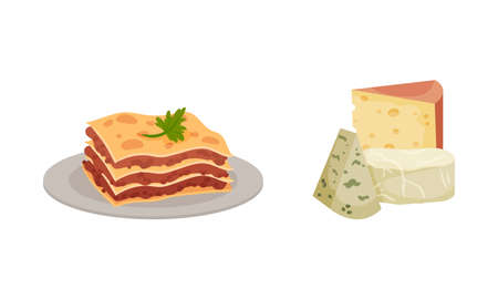 Italy Country Symbols with Lasagna Dish and Cheese Slabs Vector Setのイラスト素材