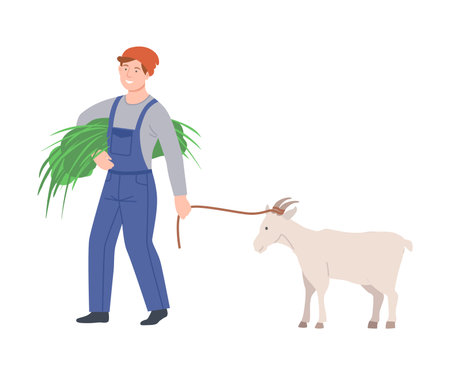 Happy Male Farmer Feeding Goat with Green Grass Vector Illustrationのイラスト素材