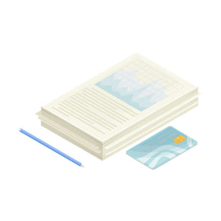Paper Documents with Financial Statement and Plastic Card as Accounting Data and Summary Isometric Vector Compositionのイラスト素材