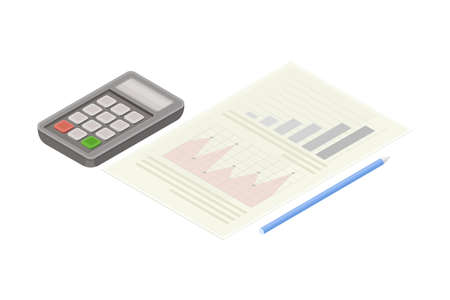 Electronic Calculator and Document Paper as Financial Accounting and Summary Isometric Vector Compositionのイラスト素材