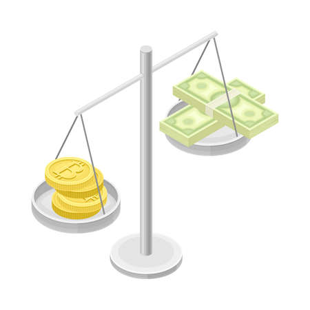Blockchain Technology with Scales Weighing Bitcoin Gold Coin and Dollar Banknote Isometric Vector Illustrationのイラスト素材