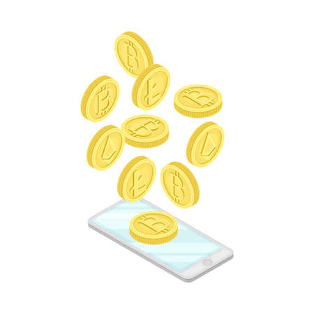 Smartphone with Bitcoin Gold Coins as Online Payment Vector Isometric Illustrationのイラスト素材