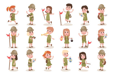 Kid Scouts with Backpacks Holding Map and Compass Camping Vector Illustration Setのイラスト素材