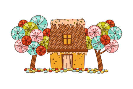 Sweet Candy House of Cookie Dough with Sugar Glaze and Lollipop Tree as Shaped Baked Confectionery Vector Illustrationのイラスト素材
