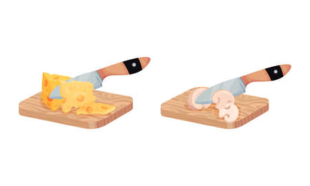 Kitchen Knife Cutting Raw Vegetables on Wooden Chopping Board Vector Setのイラスト素材