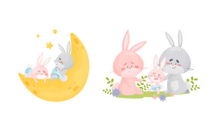 Rabbit Family with Bunny Mom and Dad Nursing Their Cub Vector Setのイラスト素材