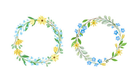 Floral Wreath with Leafy Tree Branch and Blooming Summer Flowers Vector Setのイラスト素材