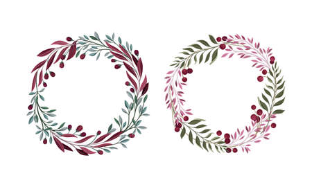 Foliage and Berry Twig Arranged in Floral Wreath Vector Setのイラスト素材