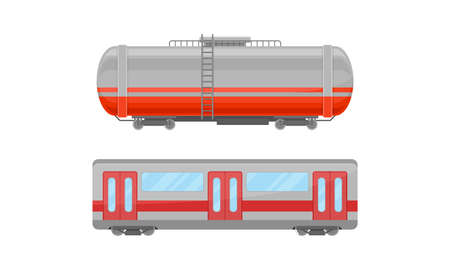 Railroad Car or Railway Wagon as Railroad Vehicle for Carrying Cargo and Passengers Vector Setのイラスト素材