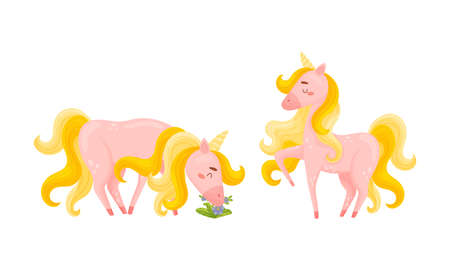 Pink Unicorn with Slender Legs and Golden Mane Vector Setのイラスト素材