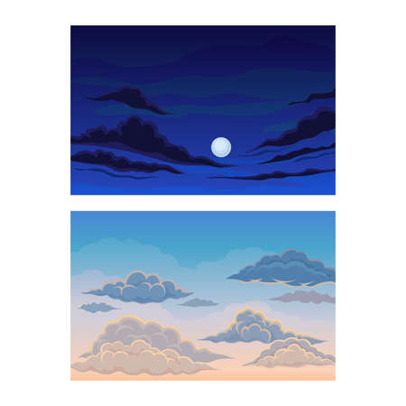 Sky Scene with Clouds Drifting Across It and Staying Still Vector Setのイラスト素材