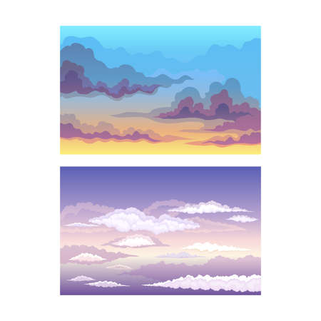 Sky Scene with Clouds Drifting Across It and Staying Still Vector Setのイラスト素材