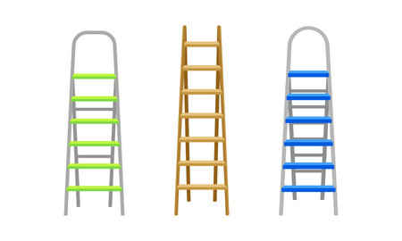 Wooden and Metal Step Ladder for Domestic and Construction Need Vector Setのイラスト素材