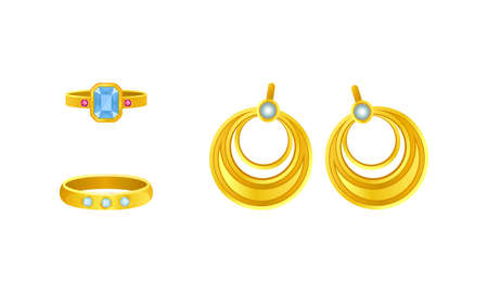 Jewellery or Jewelry Item as Personal Adornment with Earrings and Ring Vector Setのイラスト素材