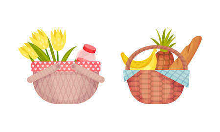Wicker Picnic Basket or Hamper Full with Foodstuff Vector Setのイラスト素材