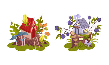 Little Fairy House Rested on Tree Stump with Flora and Foliage Vector Set. Fantastic Home from Fairyland Conceptのイラスト素材