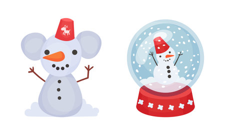 Festive New Year and Christmas Attribute with Ball and Snowman Vector Setのイラスト素材