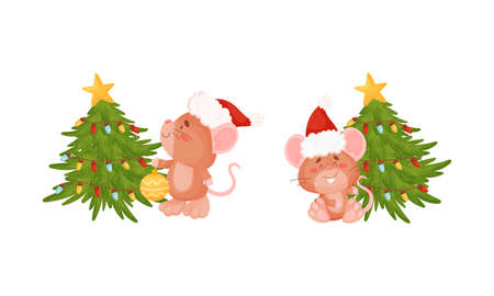 Cute Mouse with Protruding Ears in Red Hat Decorating Fir Tree with Bauble Vector Setのイラスト素材