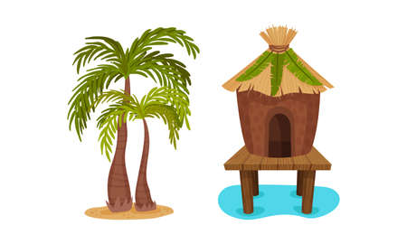 Hawaiian Beach Attributes and Tropical Symbols with Palm Tree and Hut Vector Setのイラスト素材