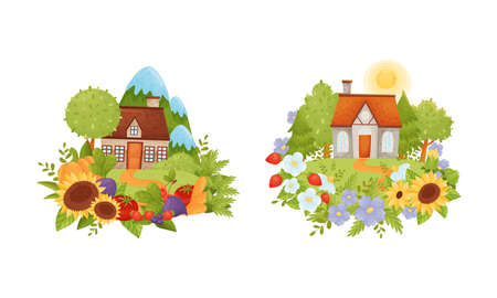 Village Houses Standing on Meadow with Winding Path Surrounded by Circular Crop and Flower Arrangement Vector Setのイラスト素材