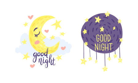 Cute Pictures with Good Night Inscription for Nursery Vector Setのイラスト素材