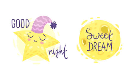 Cute Pictures with Good Night and Sweet Dreams Inscription for Nursery Vector Setのイラスト素材