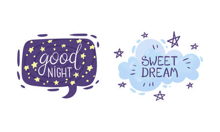 Cute Pictures with Good Night and Sweet Dreams Inscription for Nursery Vector Setのイラスト素材