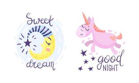 Cute Pictures with Good Night and Sweet Dreams Inscription for Nursery Vector Setのイラスト素材