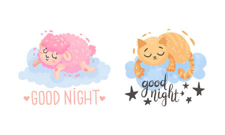 Cute Pictures with Good Night Inscription for Nursery Vector Setのイラスト素材