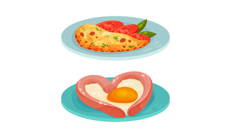 Scrambled Egg with Sausage and Omelette Served on Plate Vector Setのイラスト素材