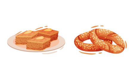 Turkey Culture Traditional Symbols with Simit Circular Bread with Sesame Seeds and Baklava Vector...