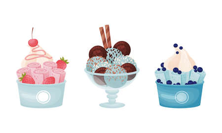 Tasty Ice Cream in Bowl as Sweetened Frozen Food Vector Setのイラスト素材