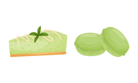 Green Matcha Dessert with Cheesecake and Macaroon Vector Setのイラスト素材