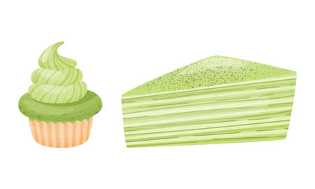 Green Matcha Dessert with Cake and Cupcake with Whipped Cream Vector Setのイラスト素材