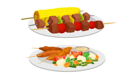Meat Dish with Skewered Shrimp and Shashlik Served on Plate Vector Setのイラスト素材