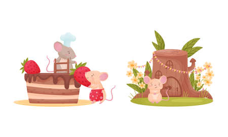 Pair of Cute Mice Decorating Cake with Strawberry and Sitting Near Stump House Vector Setのイラスト素材