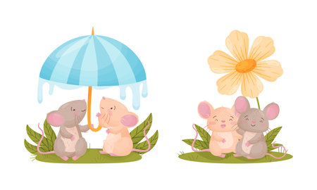 Pair of Cute Mice Sitting Under Umbrella and Embracing Vector Setのイラスト素材