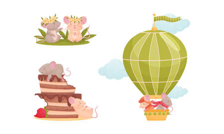Pair of Cute Mice Flying on Hot Air Balloon and Sitting on Meadow Vector Setのイラスト素材
