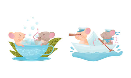 Pair of Cute Mice Sailing on Boat and Bathing in Cup Vector Setのイラスト素材