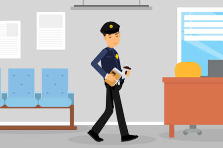 Man Police Officer or Policeman with Truncheon Holding Coffee Cup Having Lunch Break Vector Illustratioのイラスト素材