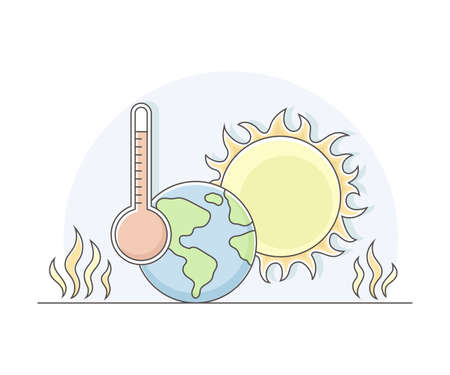 Earth Warming or Global Warming Effect on Planet with Temperature Thermometer and Burning Sun Line Vector Illustrationのイラスト素材