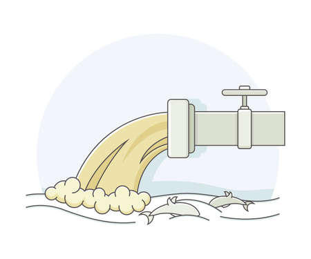 Dirty Wastewater Emission from Pipe Pouring Into Ocean Line Vector Illustrationのイラスト素材