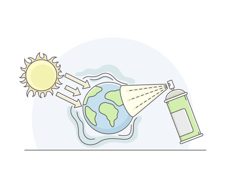 Earth Warming or Global Warming Effect on Planet with Burning Sun Line Vector Illustrationのイラスト素材