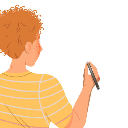 Redhead Man Photographer Retouching Photograph with Pencil Vector Illustrationのイラスト素材
