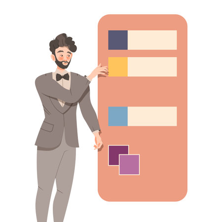 Bearded Man Photographer Retouching and Editing Photograph with Color Swatch Vector Illustrationのイラスト素材