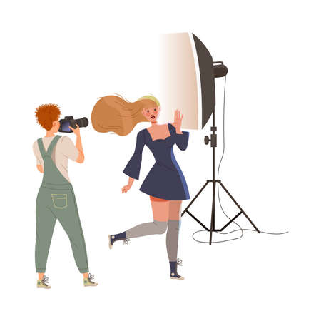 Photographer Shooting Posing Female with Professional Camera and Studio Lighting Equipment Vector Illustrationのイラスト素材