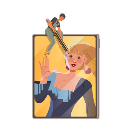 Man in Overall Retouching Photograph with Pencil Vector Illustrationのイラスト素材