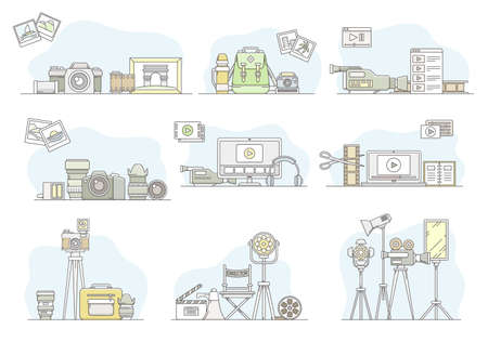 Photo and Video Content Footage Production in Filmmaking with Movie Camera and Motion Picture Record Line Vector Setのイラスト素材