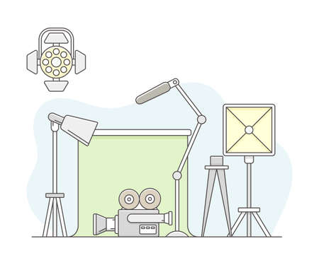 Video Content Footage Production in Filmmaking with Movie Camera and Soft Box with Backdrop Line Vector Illustrationのイラスト素材